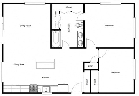 Floor plan for 2 beds, 1 bath, 1000 sqft